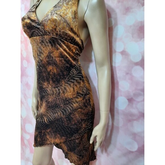 90s Y2k Brown Velvet Halter Dress Size M Mixed Animal Print Gold Glitter Stretch - Picture 7 of 10